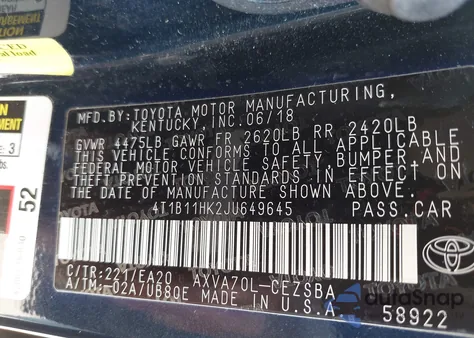 2018 Toyota Camry Se from USA, damaged, VIN 4T1B11HK2JU649645